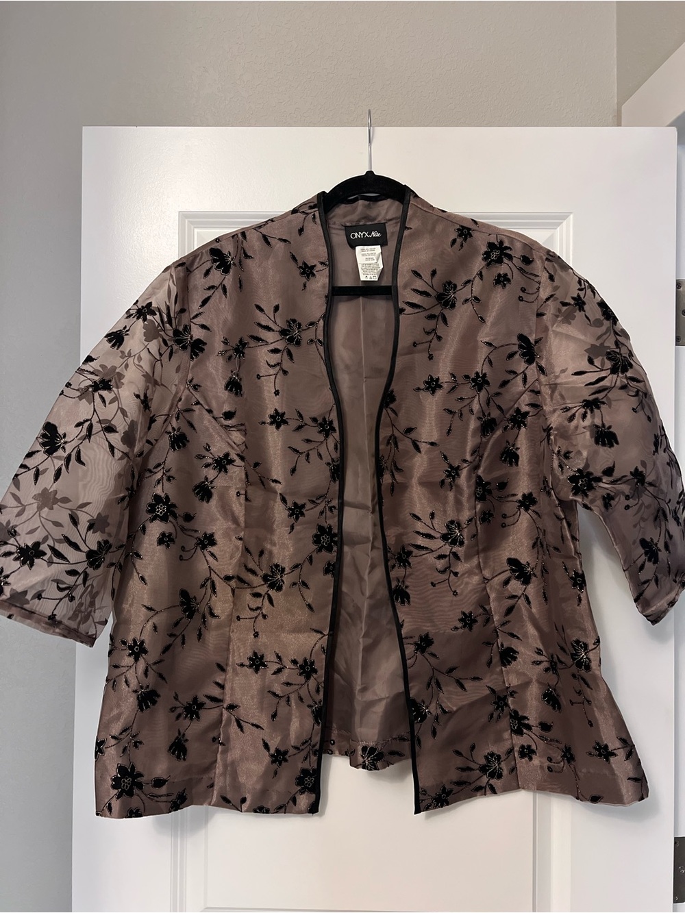 Vintage Onyx Nite Brown Black Embellished Sparkle Open Lined Jacket Size 26W